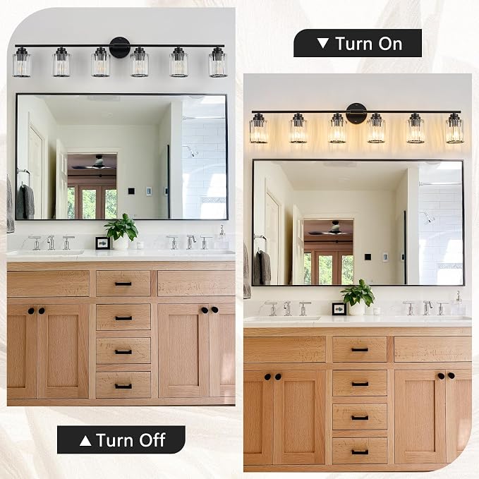 Modern 6-Light Black Vanity Light, 45.7" Crystal Bathroom Light Fixture, Vanity Lights with Clear Crystal Shades, E26 Base Wall Sconces Over Mirror for Bathroom Powder Room