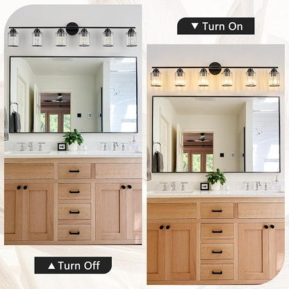 Modern 6-Light Black Vanity Light, 45.7" Crystal Bathroom Light Fixture, Vanity Lights with Clear Crystal Shades, E26 Base Wall Sconces Over Mirror for Bathroom Powder Room