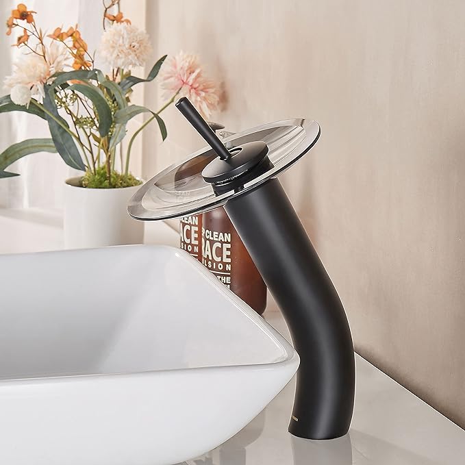 Waterfall Bathroom Faucet Glass Single Handle Solid Brass Basin Lavatory Vessel Sink Vanity Faucet, Tall, Black