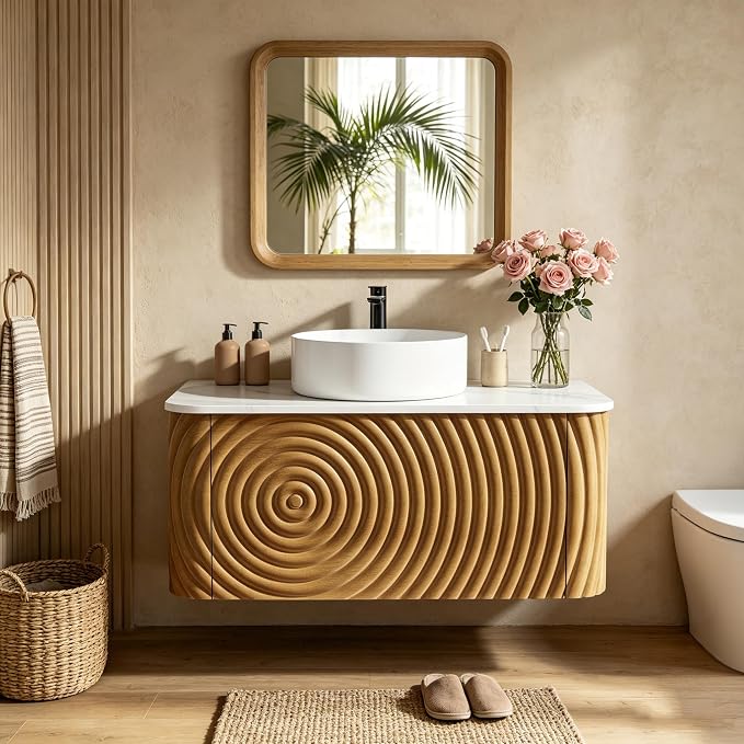 30" Floating Bathroom Vanity with Sink, Mid-Century Wall Mounted Bathroom Vanity Cabinet with Waved Decor, Ceramic Vessel Basin, Sintered Stone Top, Soft Close Storage Drawer, Natural