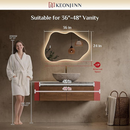 Keonjinn 24" x 36" Asymmetrical Backlit Bathroom Mirror, HD Tempered Glass | Irregular Cloud LED Bathroom Mirror, 3 Color Temperatures, Dimmable, Fast Defogging, Memory Function, Horizontal/Vertical