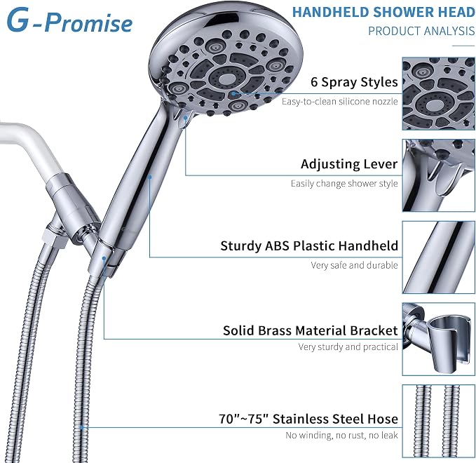 G-Promise High Pressure 6 Mode Hand Held Shower Head with Extra Long Hose | High Pressure, 6 Spray Mode, Easy Install, Adjustable Angle, Extra Long Hose, Modern Upgrade
