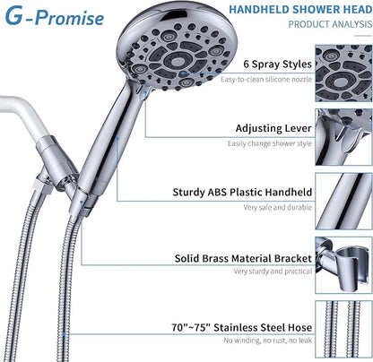 G-Promise High Pressure 6 Mode Hand Held Shower Head with Extra Long Hose | High Pressure, 6 Spray Mode, Easy Install, Adjustable Angle, Extra Long Hose, Modern Upgrade