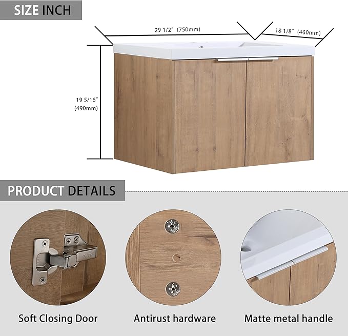 Henf 30" Floating Bathroom Vanity with Sink for Compact Space, Brown Wall Mount Bathroom Vanity Cabinet with Sink Combo, 30 Inch Bathroom Vanities Set with 2 Floating Cabinet