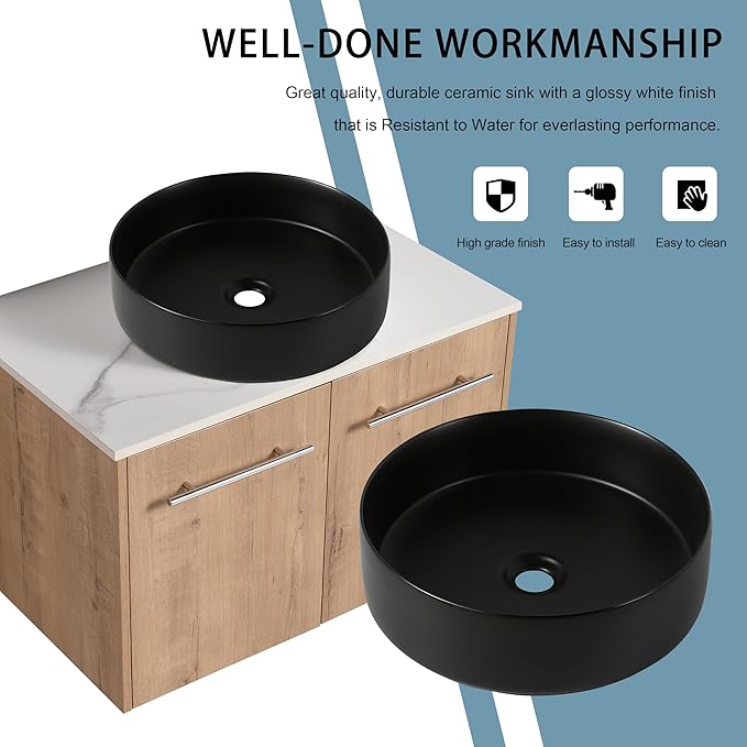 30" Floating Vanity with Sink, 30 Inch Bathroom Vanity with Sink, Modern Plywood Floating Cabinet with Sintered Stone Countertop and Black Ceramic Basin, Soft Close Doors
