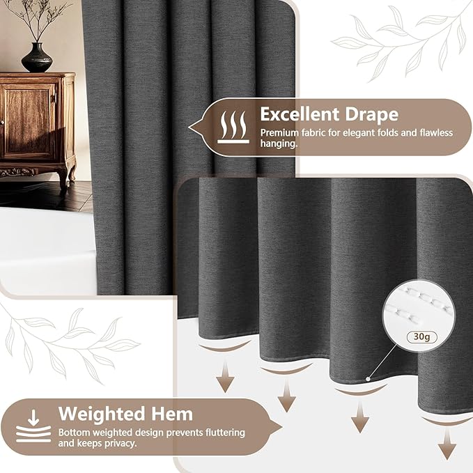 Rustic Country Fabric Shower Curtain Extra Long 72 x 84 Inch, Heavyweight Faux Linen Shower Curtain Charcoal Grey Water-Resistant, Dark Gray Shabby Chic Hotel Bathroom Curtain Washable