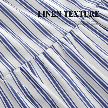 Farmhouse Shower Curtain Ruffle Linen White-Blue Stripe 72"W x 72"L | Farmhouse Boho, Striped, Bottom Ruffle, Cotton Fabric, Rustic, Country, Natural Look, Washable, for Bathroom Bathtub