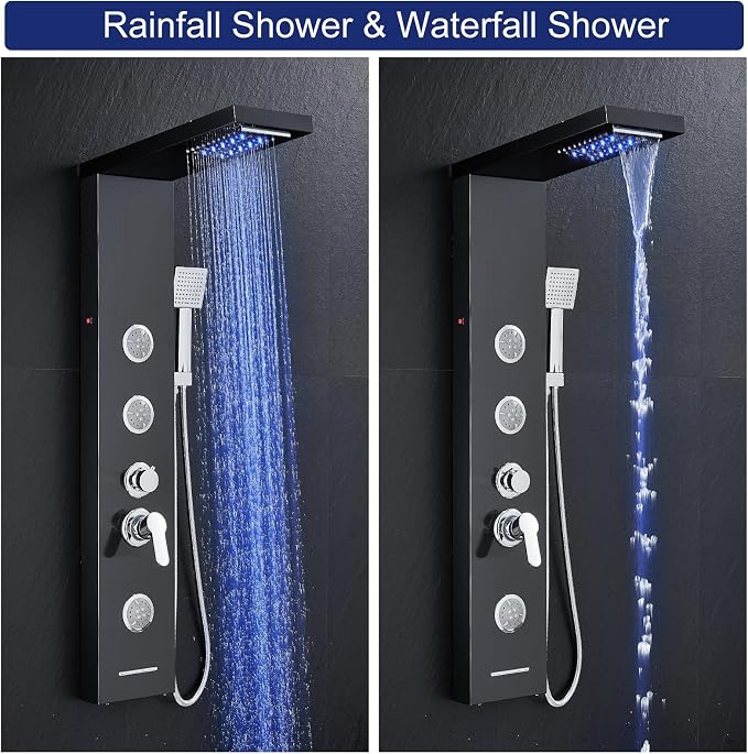 ROVATE 6 in 1 LED Rainfall Waterfall Shower Panel Tower System, Black | Stainless Steel Shower Column with Tub Spout, Rainfall Waterfall Shower Head, 2-Setting Massage Body Jets, Flexible Handheld
