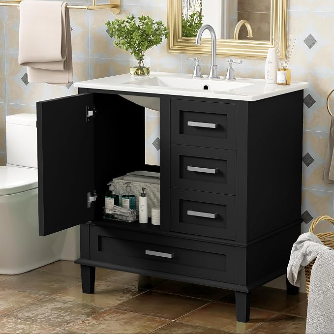 30" Bathroom Vanity with Smooth Ceramic Sink Combo, Free Standing Single Basin Vanity Set with 3 Drawers,Solid Wood Bathroom Cabine for Bathroom,Black