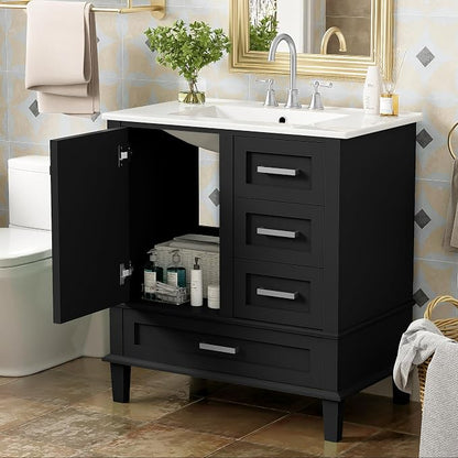 30" Bathroom Vanity with Smooth Ceramic Sink Combo, Free Standing Single Basin Vanity Set with 3 Drawers,Solid Wood Bathroom Cabine for Bathroom,Black