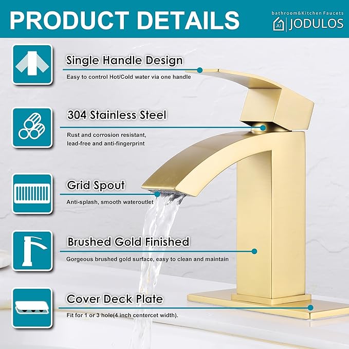 Gold Bathroom Faucet, Waterfall Bathroom Sink Faucet with cUPC Supply Hose and Pop Up Drain, Single Handle Single Hole Modern Faucet for Bathroom Vanity