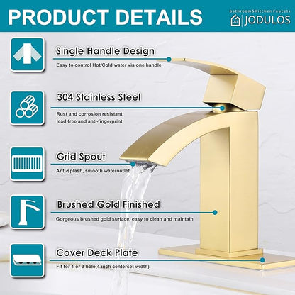 Gold Bathroom Faucet, Waterfall Bathroom Sink Faucet with cUPC Supply Hose and Pop Up Drain, Single Handle Single Hole Modern Faucet for Bathroom Vanity