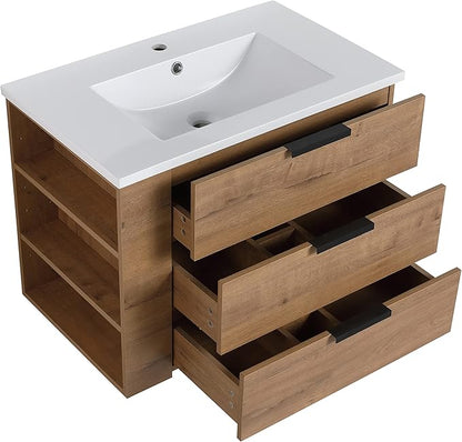 30 Inch Bathroom Vanity with White Sink Combo, Wall-Mounted Bathroom Vanity 3 Drawer&Left Side Shelf for Small Space, Modern Floating Bathroom Cabinet with Top Basin & Storage Cabinet,Brown