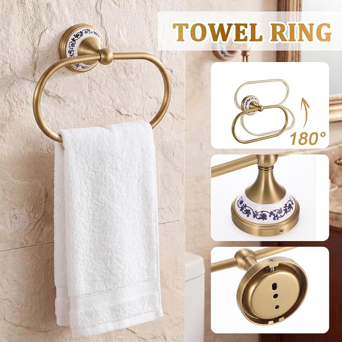 4 Pcs Antique Brass Gold & Porcelain Bathroom Accessories Set, Wall-Mounted Towel Rack & Towel Ring & Toilet Paper Holder & Robe Hook, Vintage Chinese Style Brass Bath Hardware Fixture Set