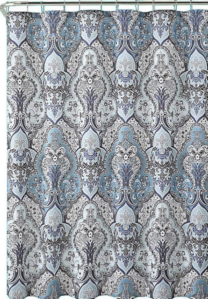 Decorative Blue & Silver Grey Gray Boho Fabric Shower Curtain, Modern Farmhouse for Vintage Rustic Bathroom Decor, Floral Victorian, 72 x 72