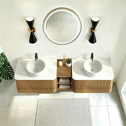72" Floating Bathroom Vanity with Double Sink, Mid-Century Wall Mounted Bathroom Vanity Cabinet with Wood Waved Decor, Ceramic Vessel Basin, Sintered Stone Top, Soft Close Drawer, Side Open Cube