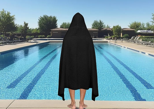 COTTON CRAFT Hooded Bath Towel – Oversized 35 x 70 Waffle Weave Towel with Hood for Adults - 100% Ringspun Cotton Pool Bath Sheet Wrap with Hood - Soft Super Absorbent Quick Dry – 450 GSM – Black