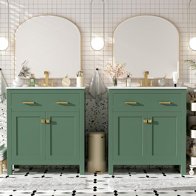 60" Double Bathroom Vanity,Free Standing Double Basin Vanity Set w/ 2 Ceramic Sinks,Adjustable Shelf & Soft Close Doors,Solid Wood Frame Storage Cabinet w/Flip Drawer,for Bathroom,Green