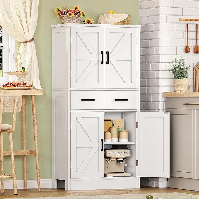 TEENFON Pantry Cabinet with 2 Drawers, Kitchen Storage Cabinet with 4 Door Shelves, Kitchen Pantry for Living Room, Dining Room, Bathroom, White