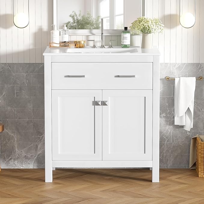 30 Inch Bathroom Vanity with Sink, Bathroom Vanities 30" with Sink, 30 in Vanity with Sink for Bathroom, Restroom Vanity with Sink, Flip Drawer, Cabinet and Door Shelves (White)