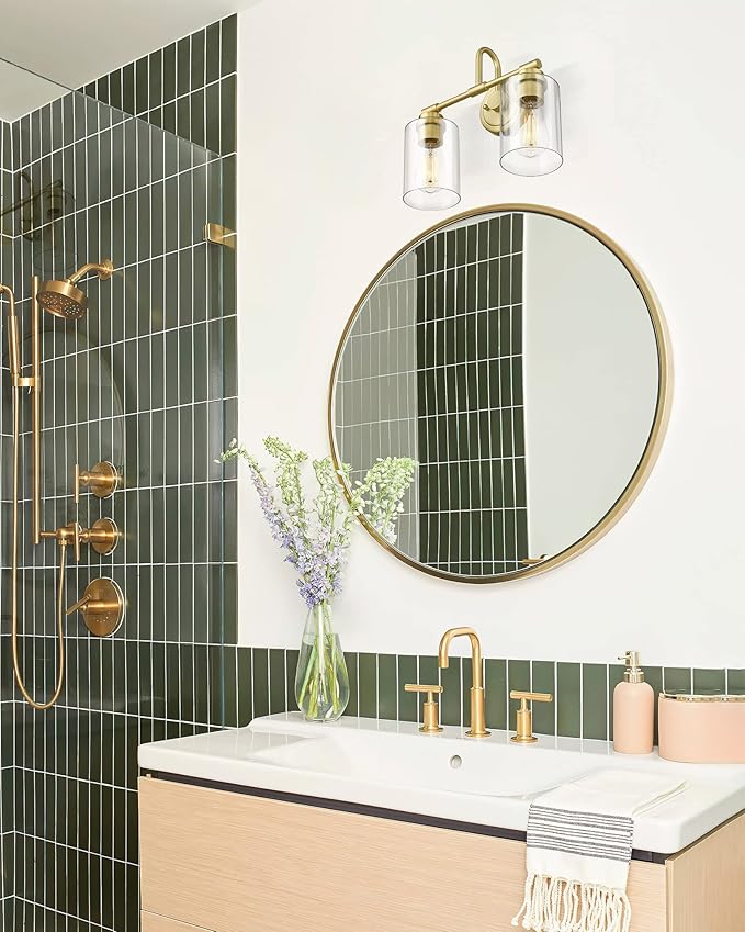 Brushed Gold Bathroom Light Fixtures, 2-Light Modern Bathroom Vanity Light Over Mirror with Clear Glass Shade, KW-7306-2