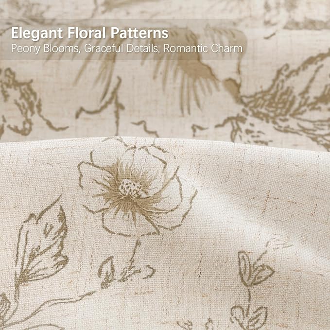 Farmhouse Floral Linen Shower Curtain, Vintage Beige Pattern Rustic Shower Curtains for Bathroom, Tan Taupe,72x78