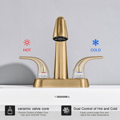 Bathroom Faucet with Sprayer, 4 Inch Champagne Bronze with Pop Up Drain | Ultimate Unicorn Centerset Pull Down Vanity Faucets 3 Hole- Two Handle Modern Washbasin Tap Set for Rv Lavatory Restroom