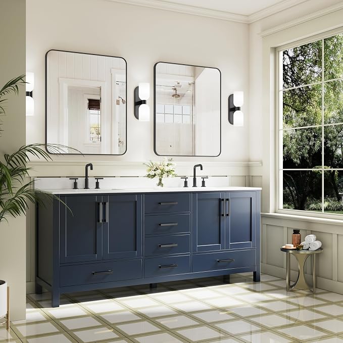 80-Inch Bathroom Vanity with Sink, 4 Soft-Close Doors and 6 Soft-Close Drawers, Bathroom Freestanding Vanity with Cultured Marble Countertop, Navy Blue Vanity with Matte Black Handles