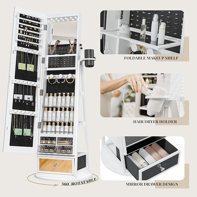 Mirror Jewelry Cabinet Standing, 360° Swivel Jewelry Armoire | with Drawer LED Lights, Lockable Jewelry Organizer with Storage Shelves