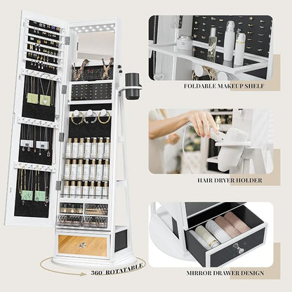 Mirror Jewelry Cabinet Standing, 360° Swivel Jewelry Armoire | with Drawer LED Lights, Lockable Jewelry Organizer with Storage Shelves