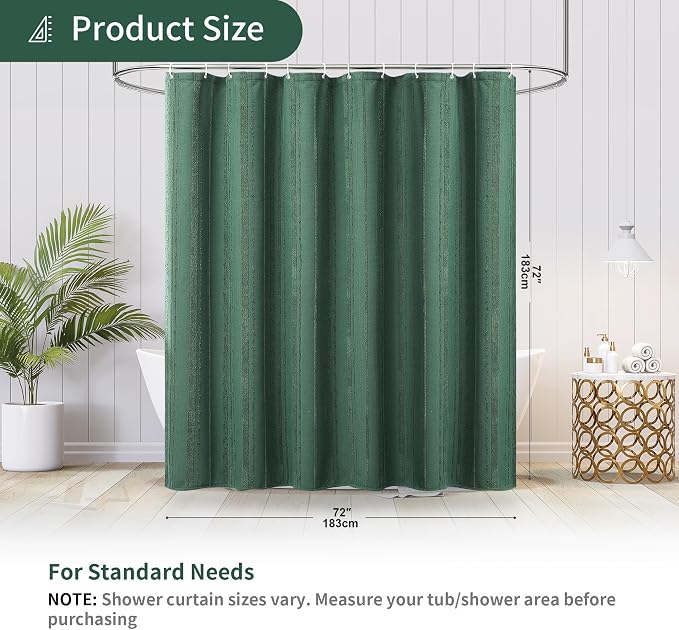 Dark Green Shower Curtain Boho, Cotton Blend Waffle Shower Curtain Textured, Fabric Shower Curtains for Bathroom, Hotel, 72 x 72