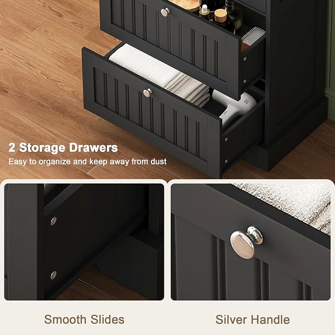 Treocho Bathroom Floor Cabinet with 2 Drawers and Adjustable Shelf | Bathroom Storage Cabinet, Freestanding Cupboard Pantry for Kitchen, Living Room, Dining Room, Black