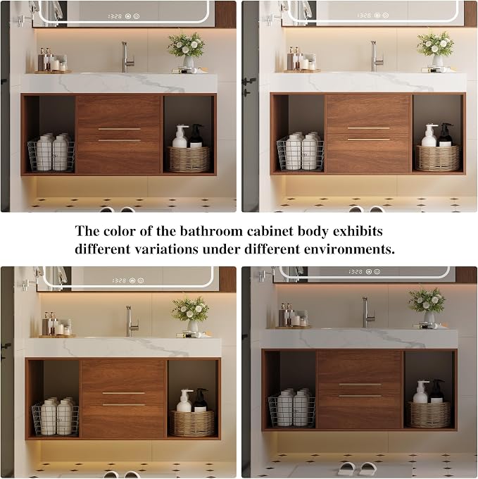 KEIKI 39.4" Bathroom Vanity with Undermount Sink Combo, Modern Floating Vanity Cabinet with 2 Drawers & Open Side Shelves, Storage Wall Mounted Cabinet for Small Space, Walnut Marbe