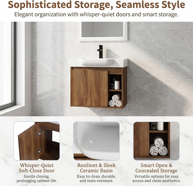 24" Bathroom Vanity with Sink, Wall-Mounted Cabinet, Brown Ebony | Ceramic Sink, Soft-Close Door & 2 Open Storage Shelves, Modern Farmhouse Sink Cabinet, Easy to Clean for Small Bathroom