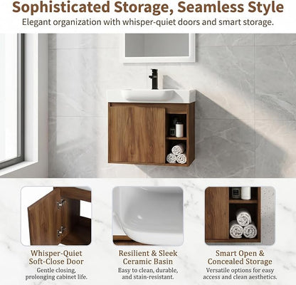 24" Bathroom Vanity with Sink, Wall-Mounted Cabinet, Brown Ebony | Ceramic Sink, Soft-Close Door & 2 Open Storage Shelves, Modern Farmhouse Sink Cabinet, Easy to Clean for Small Bathroom