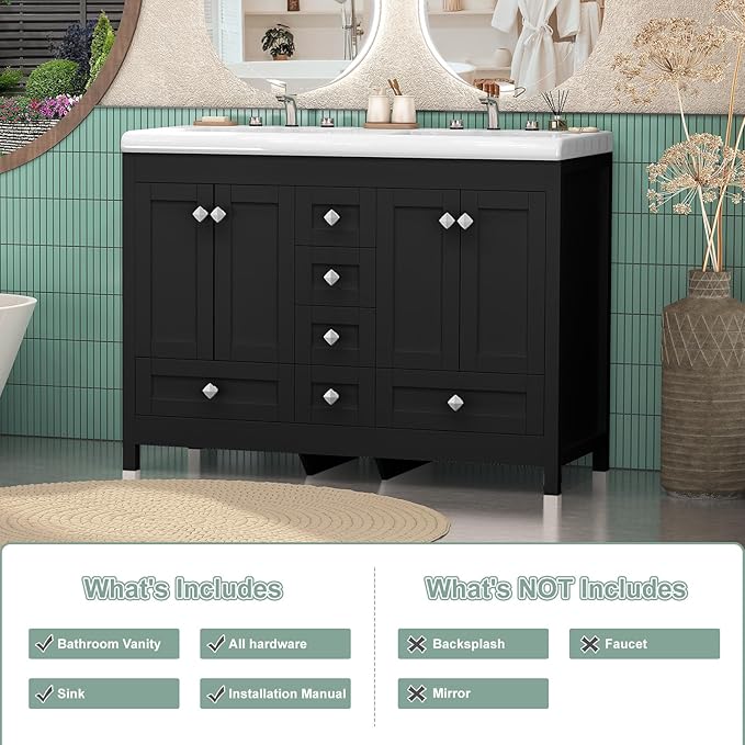 48 Inch Bathroom Vanity with Double Sink, Bathroom Vanity Cabinet with Doulble Sink, Black Bath Vanities with 4 Doors and 6 Drawers (20" D x 48" W x 36" H)