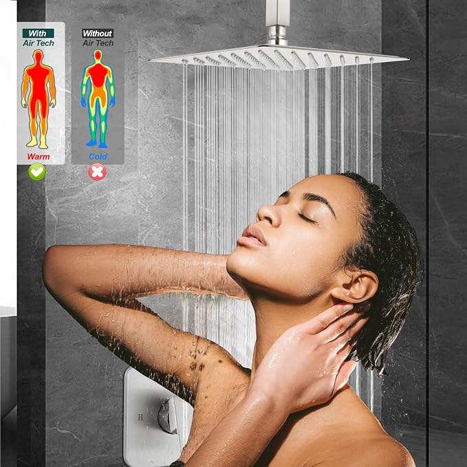 Heyalan 12-Inch Ceiling Mount Shower Faucet Set with Valve,Brushed Nickel | Rainfall shower head, ceiling-mount design, SUS304 steel, adjustable angle, single-handle control