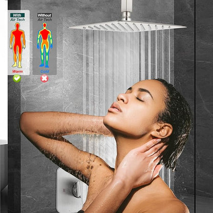 Heyalan 12-Inch Ceiling Mount Shower Faucet Set with Valve,Brushed Nickel | Rainfall shower head, ceiling-mount design, SUS304 steel, adjustable angle, single-handle control