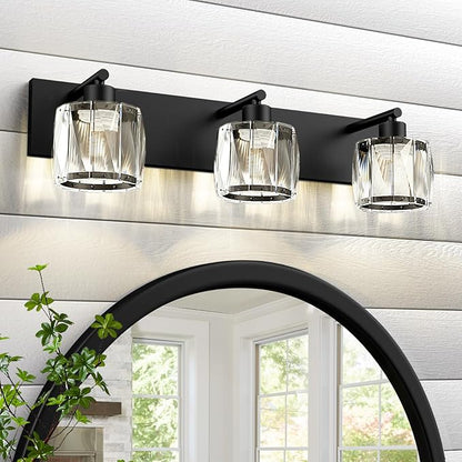 VOLISUN Crystal Vanity Lights for Bathrooms, 3 Light Bathroom Vanity Light, Modern Matte Black Bathroom Light Over Mirror, Black Bathrooms Lights Fixtures-UL Certificated(Exclude Bulb)