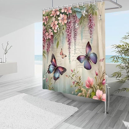 Chrainy 4pcs Spring Butterfly Shower Cutain Set Bathroom Decor with Rugs | Bath Accessories with Waterproof Curtain, Bath Mat, Toilet Lid Cover, U-Shaped Rug and 12 Hooks for Washroom, 71*71in
