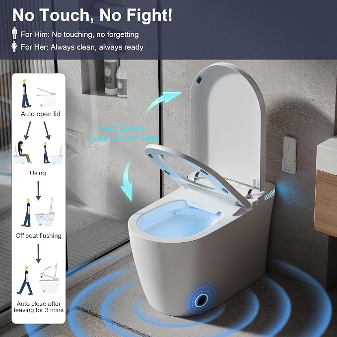 Smart Toilet with Bidet Heated Seat Auto Flush & Soft-Close Seat/Lid | Tankless Electric One Piece Toilets for Bathroom with Foot Sensor Warm Water Wash&Air Dry Siphon Dual Flush 0.8/1.2 GPF