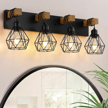 VbiTmn Bathroom Light Fixtures, 4 Light Black Farmhouse Wood Vanity Lights | Rustic Design, Diamond Metal Shades, Easy to Install, Wall Sconces for Bathroom, Bedroom, Makeup Area, Over Vanity Mirror