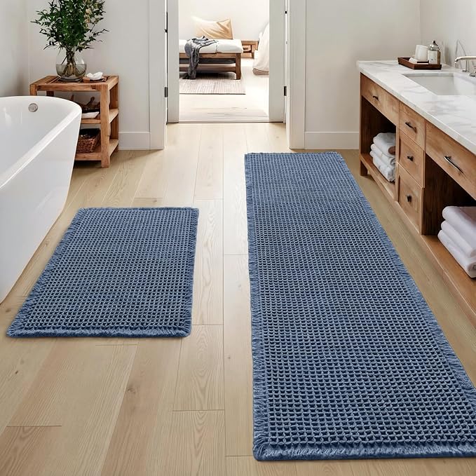 MIULEE Set of 2 Waffle Bathroom Rugs Boho Bath Mat Blue 17"x24"+17"x48" | Non Slip, Super Absorbent, Washable, Ultra Soft, Rubber Backed, Small Bath Rug and Bathroom Runner for Floor Tub Shower
