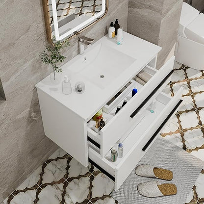 36 Inch Bathroom Vanity with Sink, Modern Floating Vanity Wall Mounted Bathroom Sink Cabinet, Black Handles & 2 Soft-Close Drawers for Small Space (White, 36")