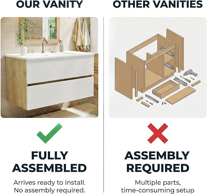 36″ Natural Wood & White Floating Bathroom Vanity with Sink, Modern Bathroom Cabinet with Soft Close & Large Storage Drawers, for Bath, Apartment, Hotel, Fully Assembled