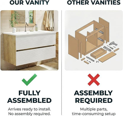 36″ Natural Wood & White Floating Bathroom Vanity with Sink, Modern Bathroom Cabinet with Soft Close & Large Storage Drawers, for Bath, Apartment, Hotel, Fully Assembled