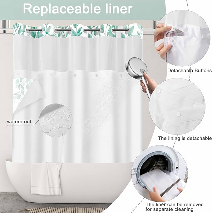 No Hook Shower Curtain and Liner Set, Teal Eucalyptus 71x84 | Floral Design, with Snap in Liner, See-Through Top Window, Waterproof, Machine Washable, Quick-Drying, for Hotel Bathroom