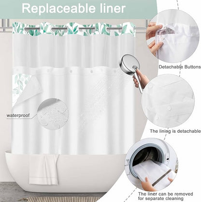 No Hook Shower Curtain and Liner Set, Teal Eucalyptus 71x84 | Floral Design, with Snap in Liner, See-Through Top Window, Waterproof, Machine Washable, Quick-Drying, for Hotel Bathroom