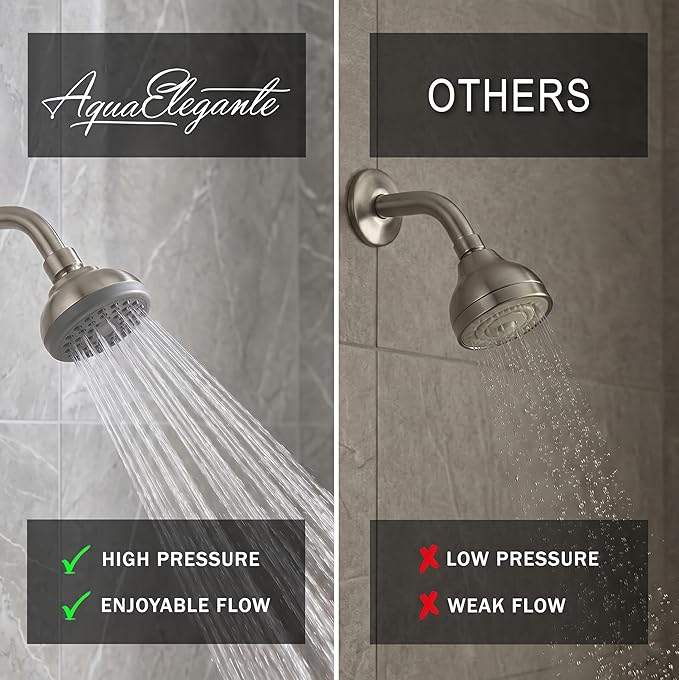 Aqua Elegante Pressure Boosting Shower Head - 1.8 GPM - Brushed Nickel | 3 Inch Wall Mount, Water Saving Showerhead, Best For Low Flow Showers With Anti-Clog Nozzles & Adjustable Brass Fitting