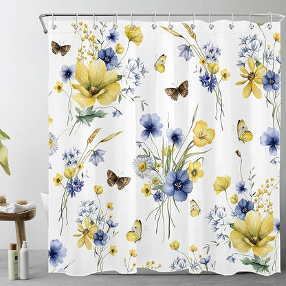 HVEST Farmhouse Floral Shower Curtain with Hooks, Blue and Yellow Flower and Butterfly on White Shower Curtain for Bathroom, Rustic Wildflower Bathroom Curtains Shower Set, 72X78 inch